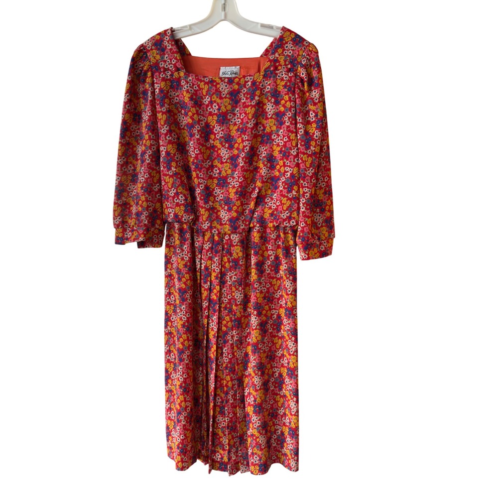Vintage 70s Red Floral Prairie Midi Dress Puff Sleeve‎ Cottagecore Calico USA M